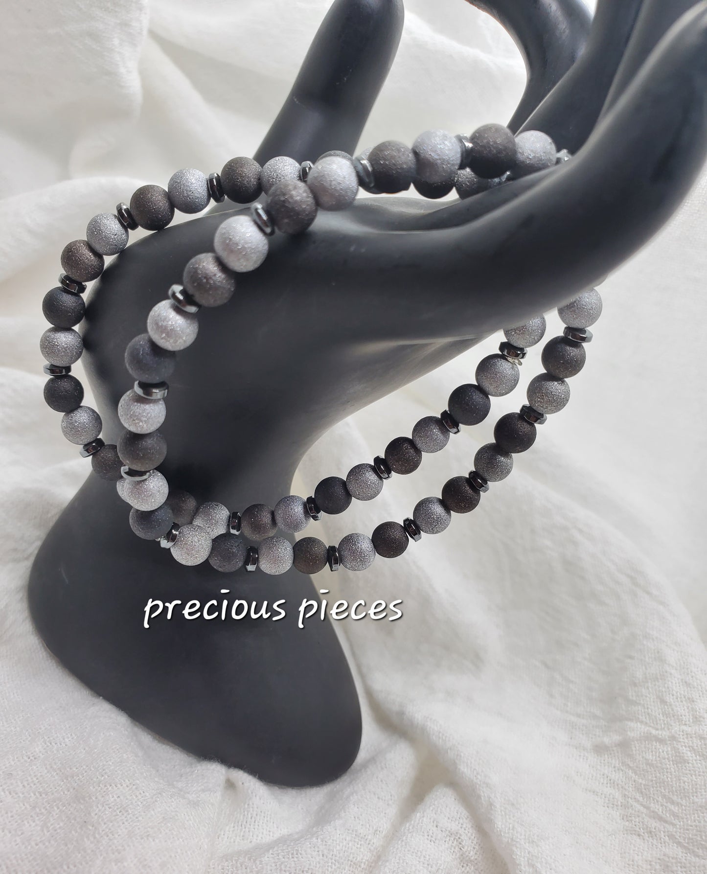 Men's Two Toned Gray Beaded Bracelets with Hematite Spacers