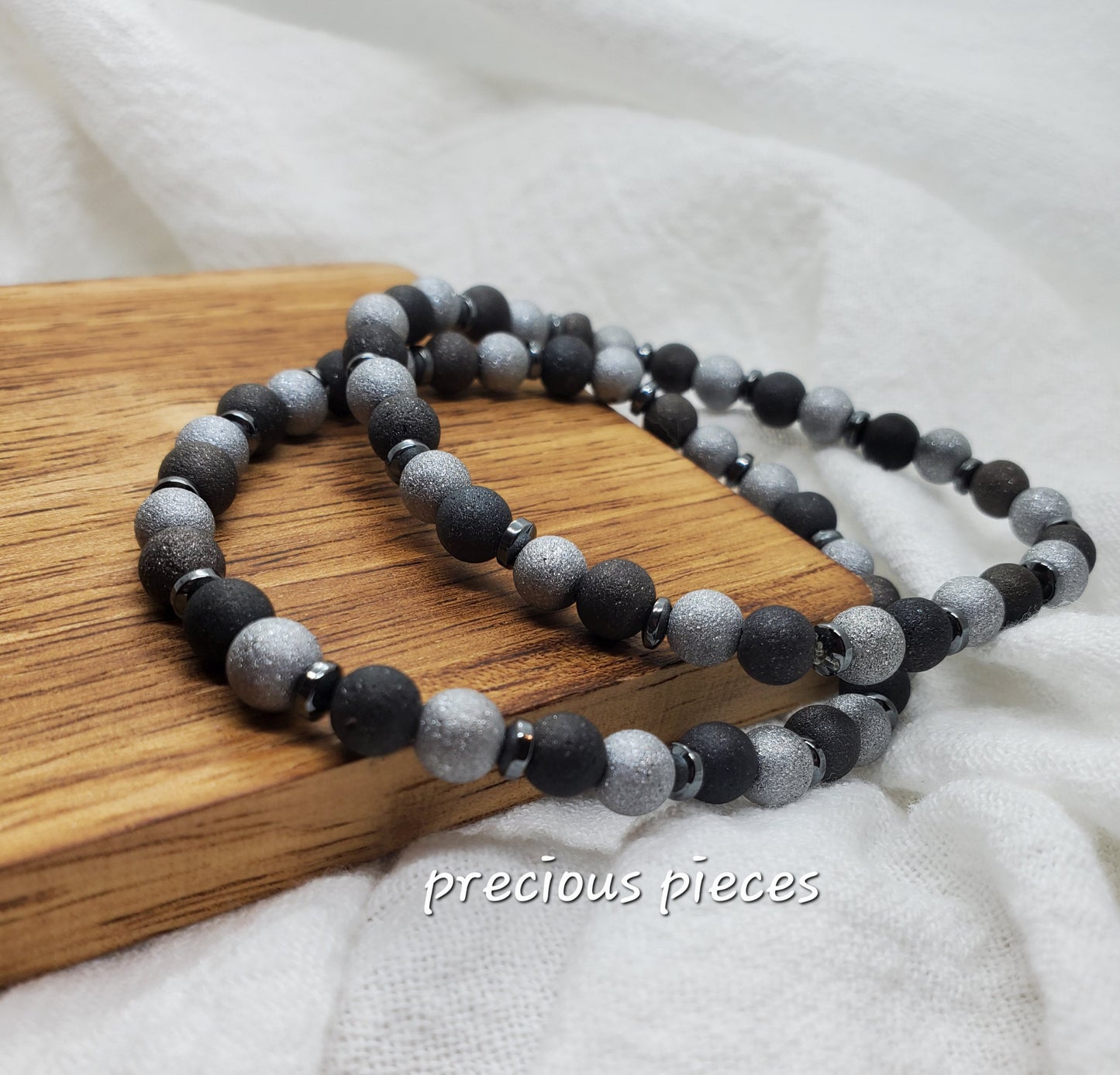 Men's Two Toned Gray Beaded Bracelets with Hematite Spacers