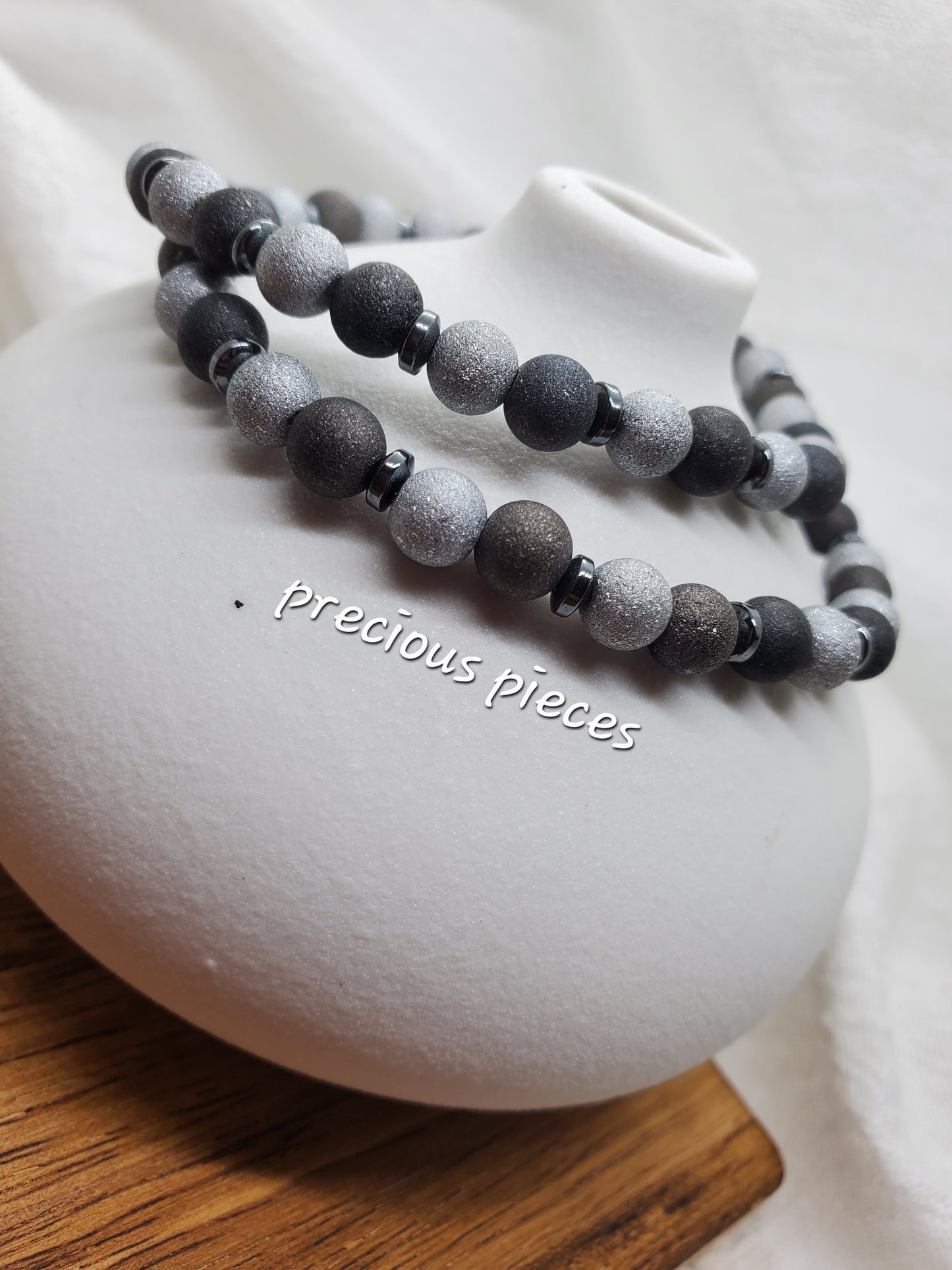 Men's Two Toned Gray Beaded Bracelets with Hematite Spacers