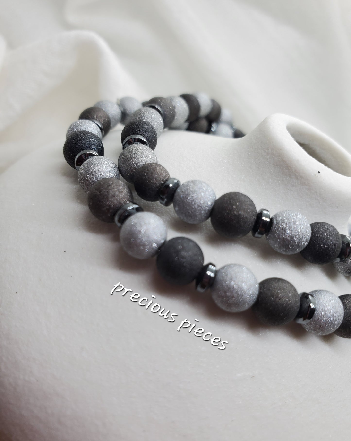 Men's Two Toned Gray Beaded Bracelets with Hematite Spacers