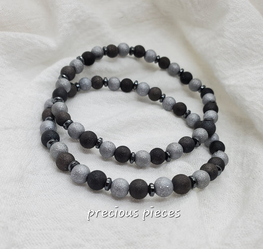 Men's Two Toned Gray Beaded Bracelets with Hematite Spacers