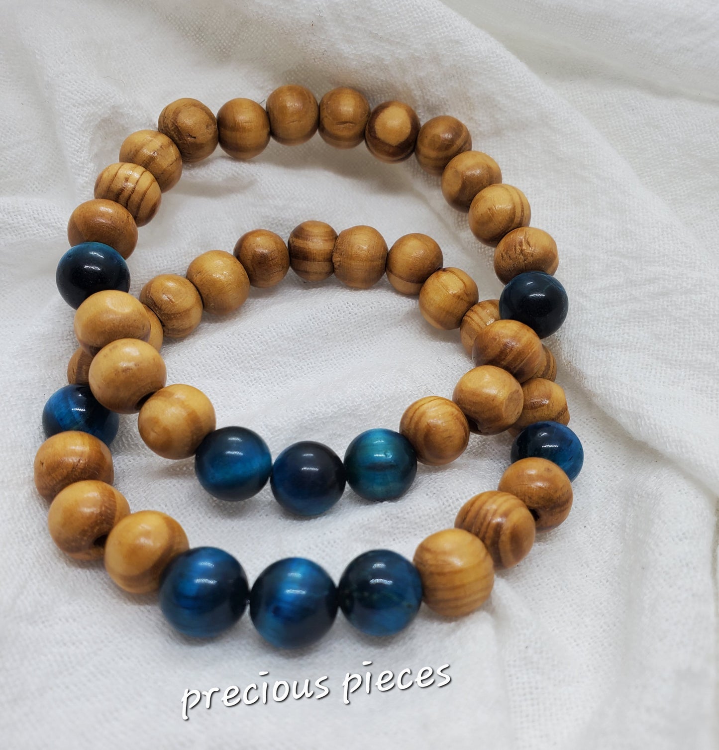 Men's Wood and Blue Tiger Eye Beaded Bracelets