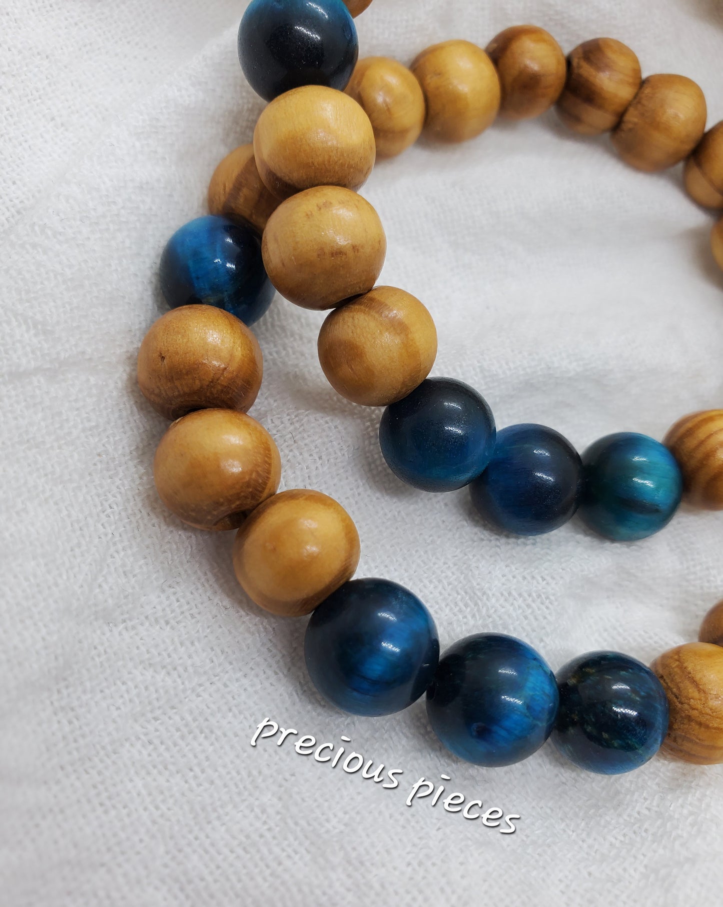 Men's Wood and Blue Tiger Eye Beaded Bracelets