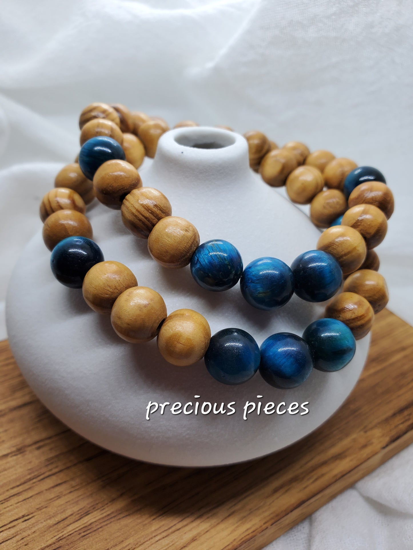 Men's Wood and Blue Tiger Eye Beaded Bracelets