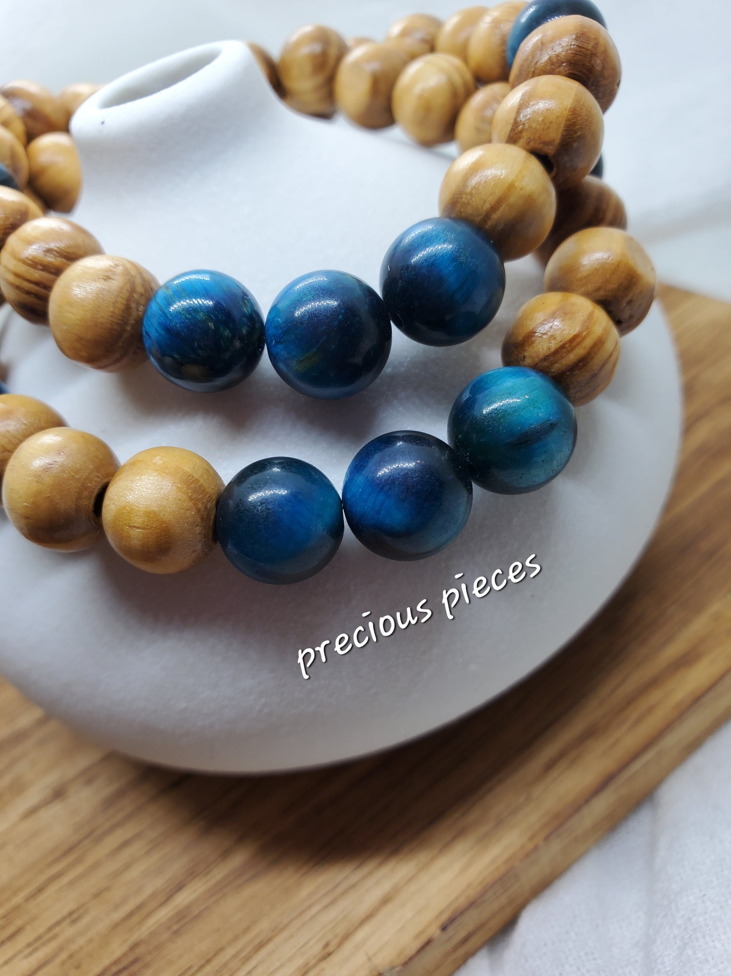 Men's Wood and Blue Tiger Eye Beaded Bracelets