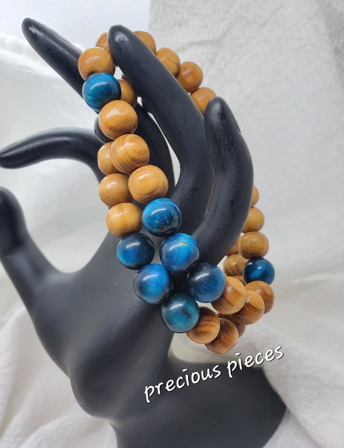 Men's Wood and Blue Tiger Eye Beaded Bracelets