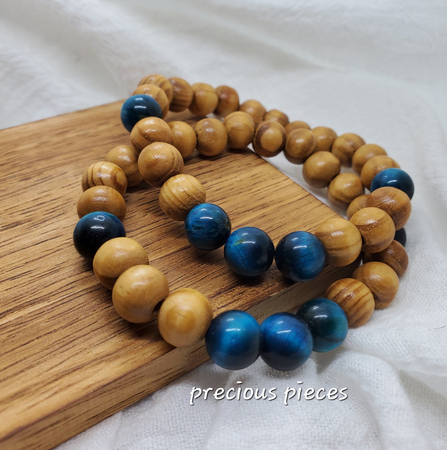 Men's Wood and Blue Tiger Eye Beaded Bracelets