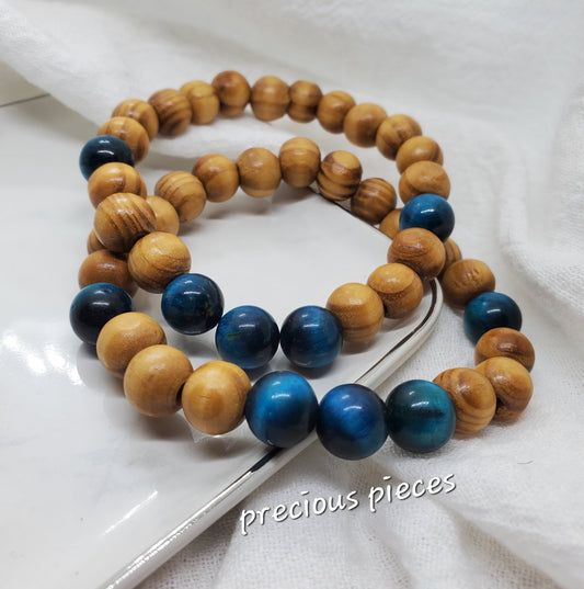 Men's Wood and Blue Tiger Eye Beaded Bracelets