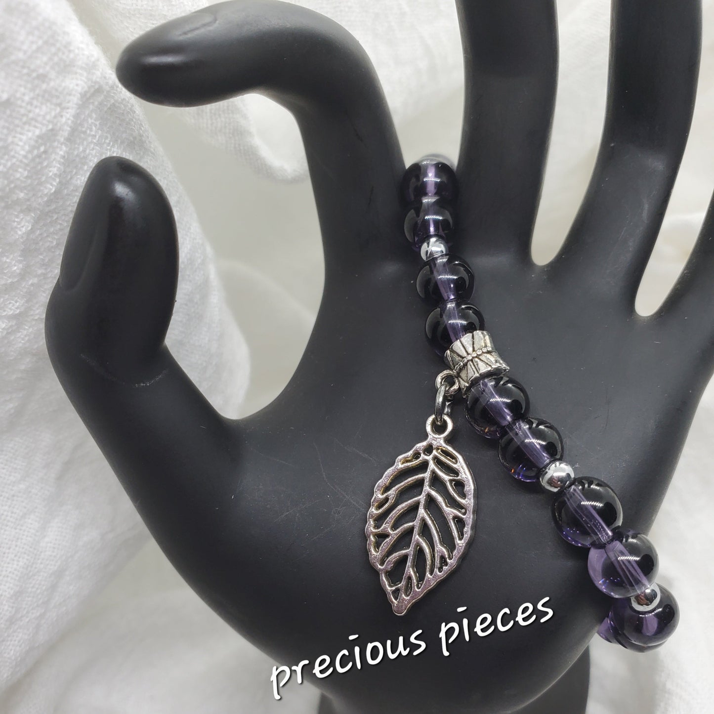 Amethyst Beaded Bracelet with Leaf Charm