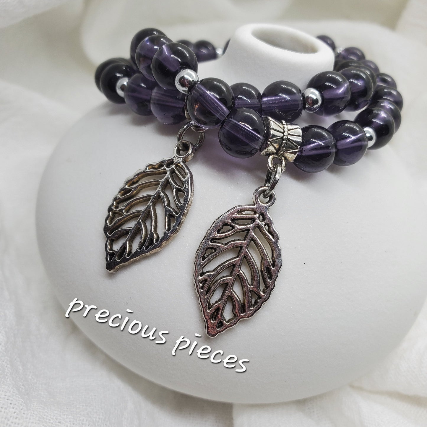 Amethyst Beaded Bracelet with Leaf Charm