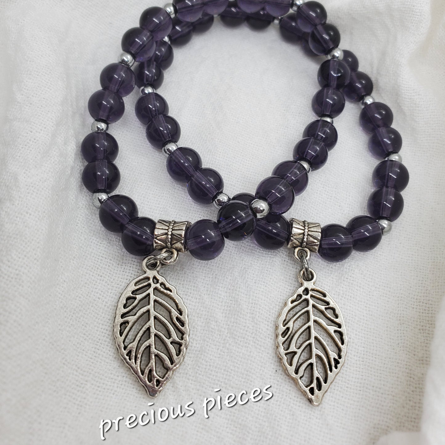 Amethyst Beaded Bracelet with Leaf Charm