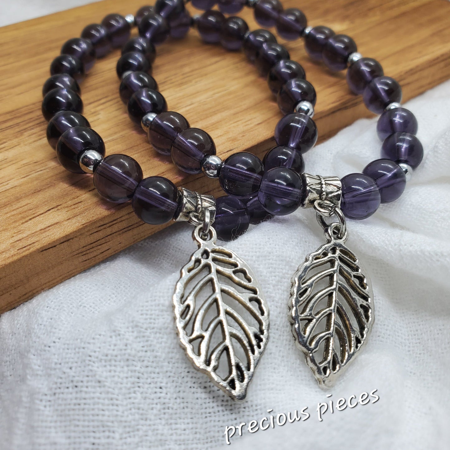 Amethyst Beaded Bracelet with Leaf Charm