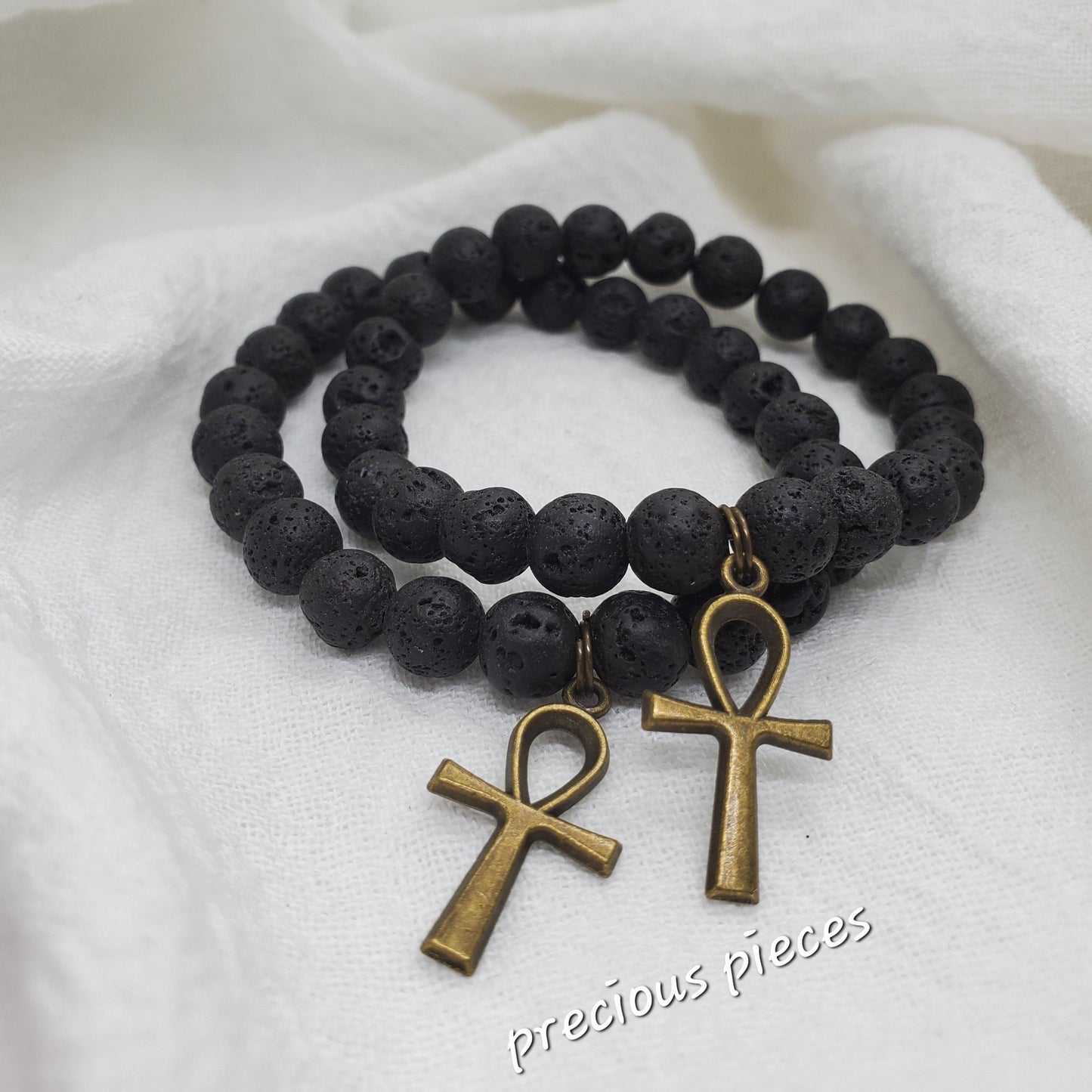 Black Lava Beaded Ankh Bracelets