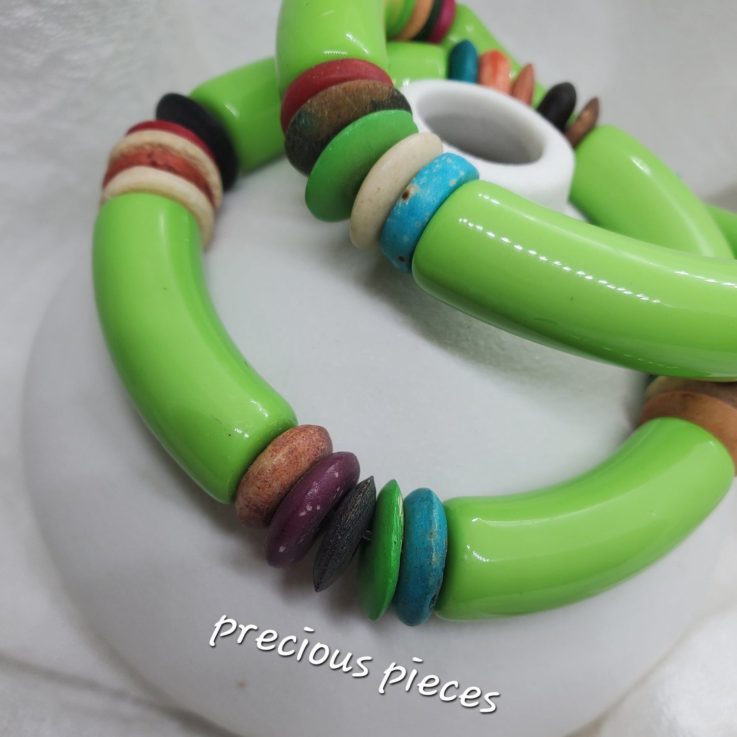 Chunky Lime Green Bangle Bracelets with Bone Accent Beads