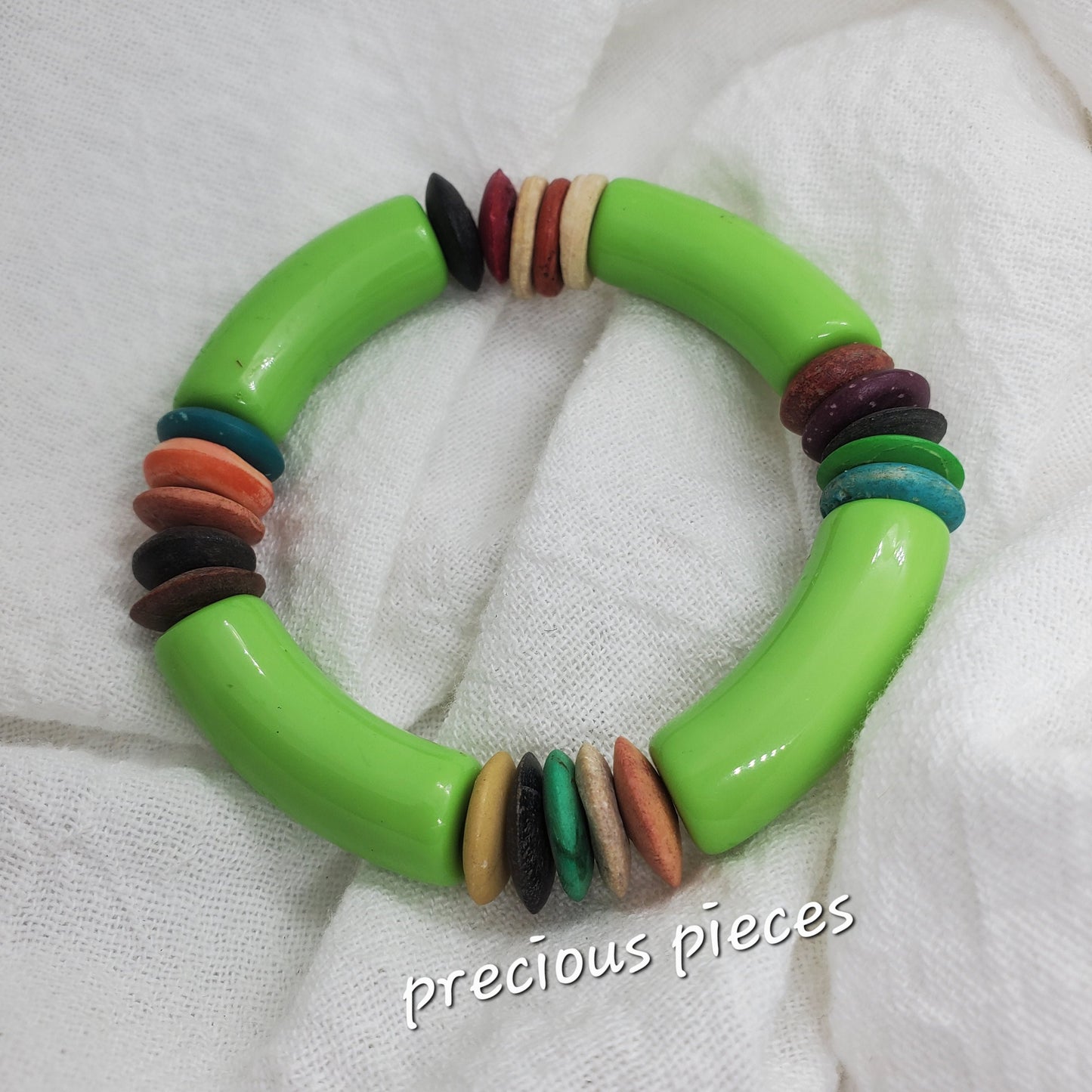 Chunky Lime Green Bangle Bracelets with Bone Accent Beads