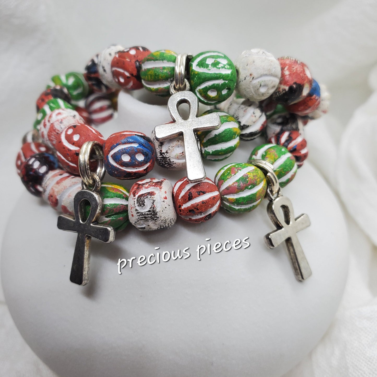 Clay Beaded Bracelets with Ankh Charm