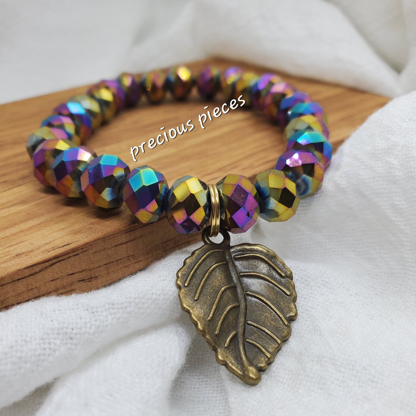 Faceted Glass Beaded Bracelet with Leaf Charm