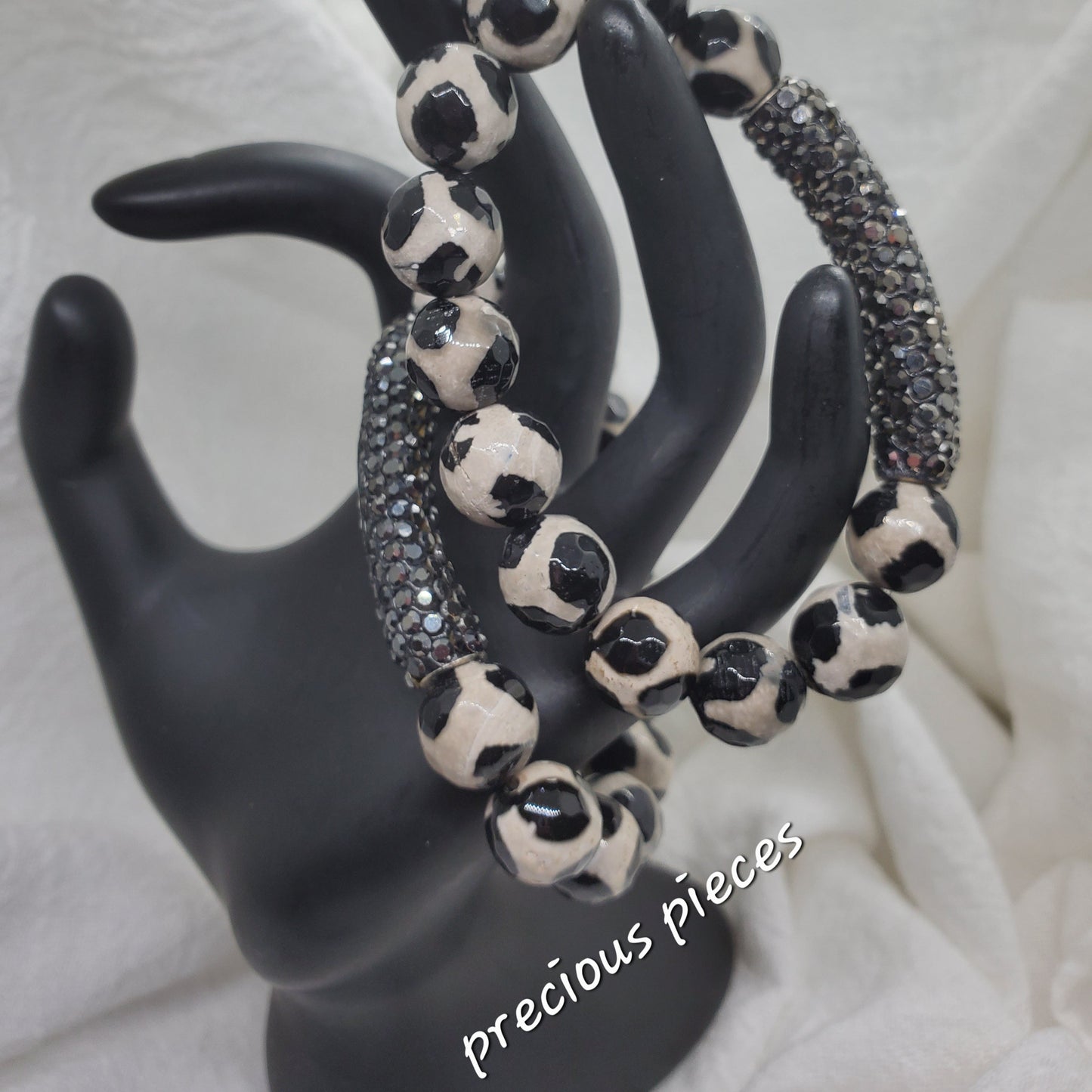 Agate Beaded Bracelet with Rhinestone Tube Bead