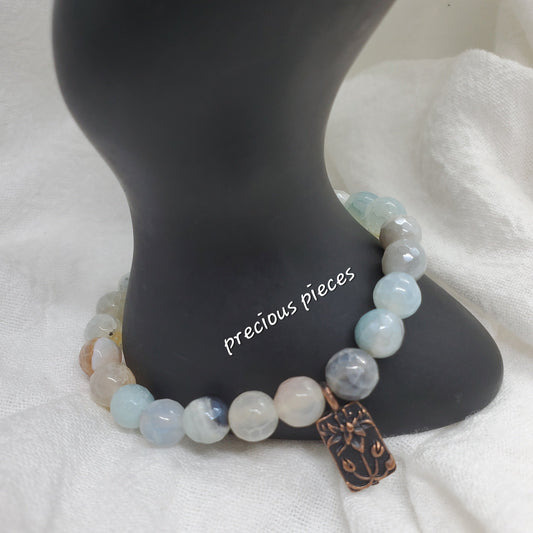 Natural Stone Beaded Bracelet w/ Flower Charm