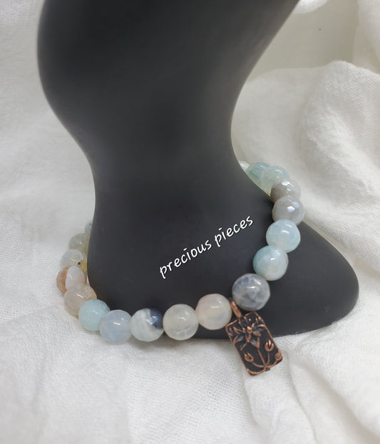 Natural Stone Beaded Bracelet w/ Flower Charm