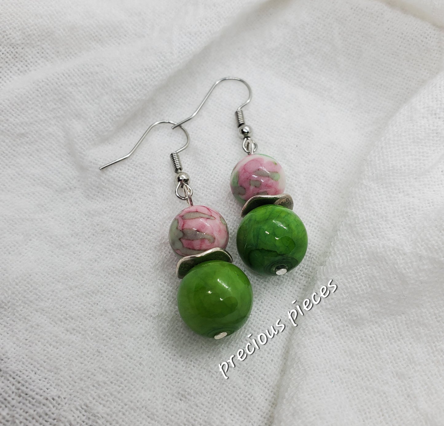 Pink and Green Beaded Earrings