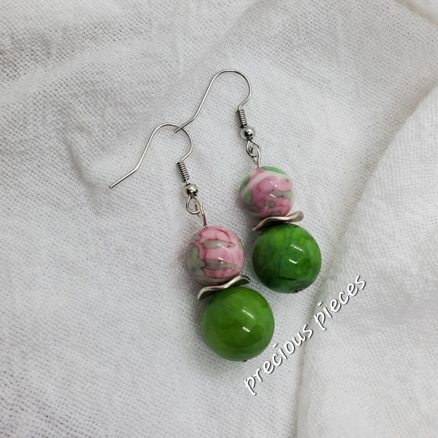Pink and Green Beaded Earrings