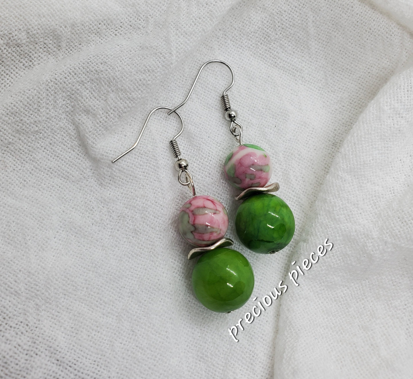 Pink and Green Beaded Earrings