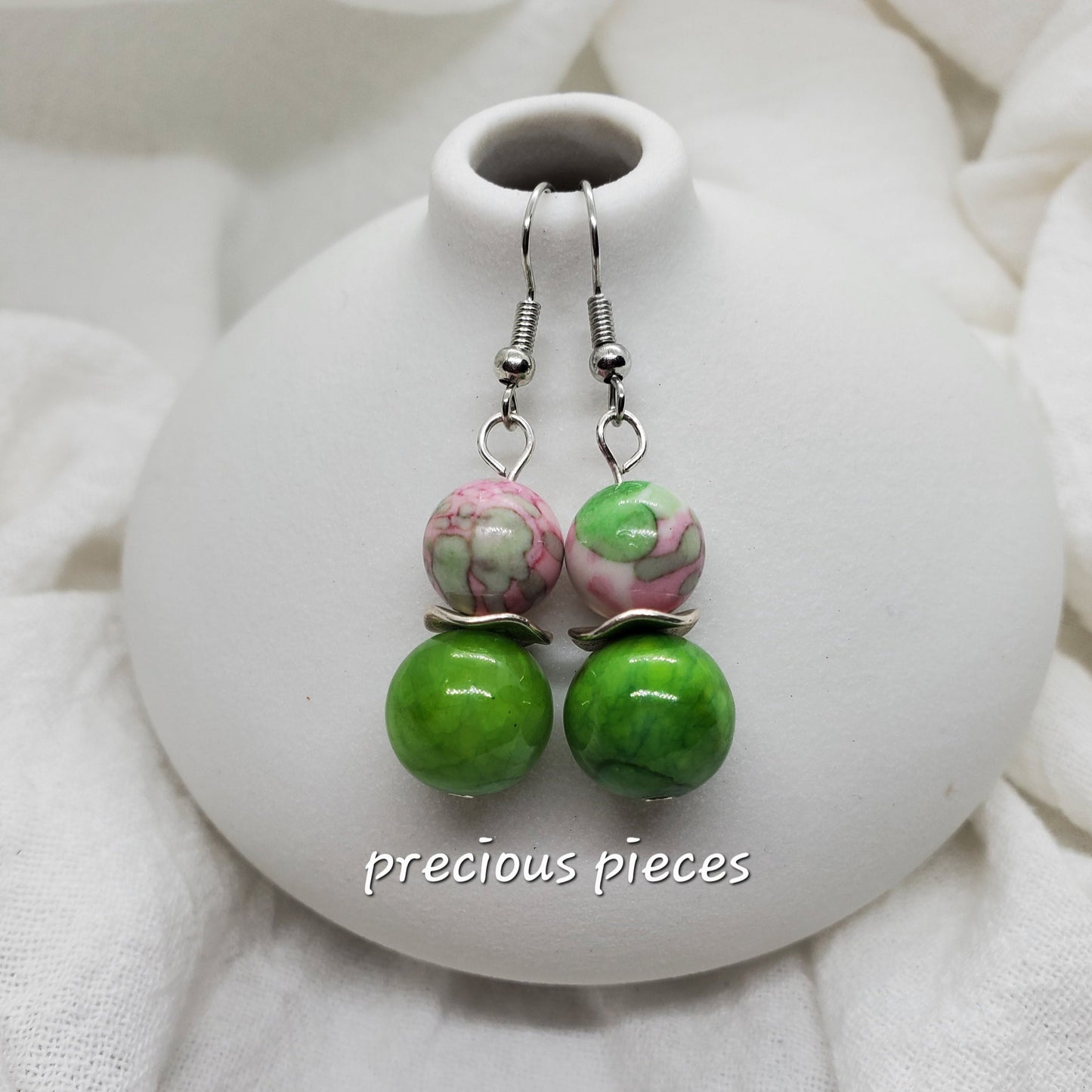 Pink and Green Beaded Earrings