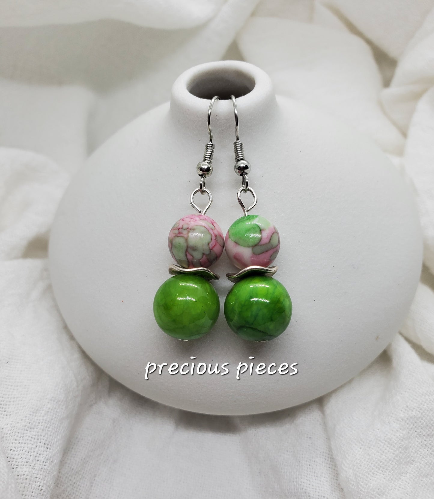 Pink and Green Beaded Earrings