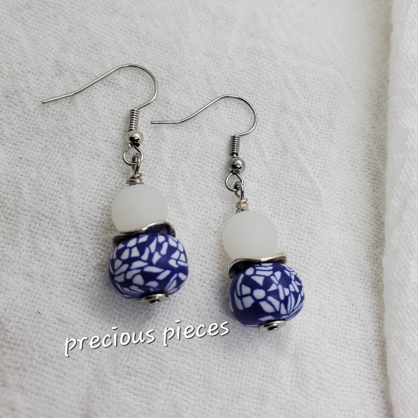 Blue and White Clay Beaded Earrings