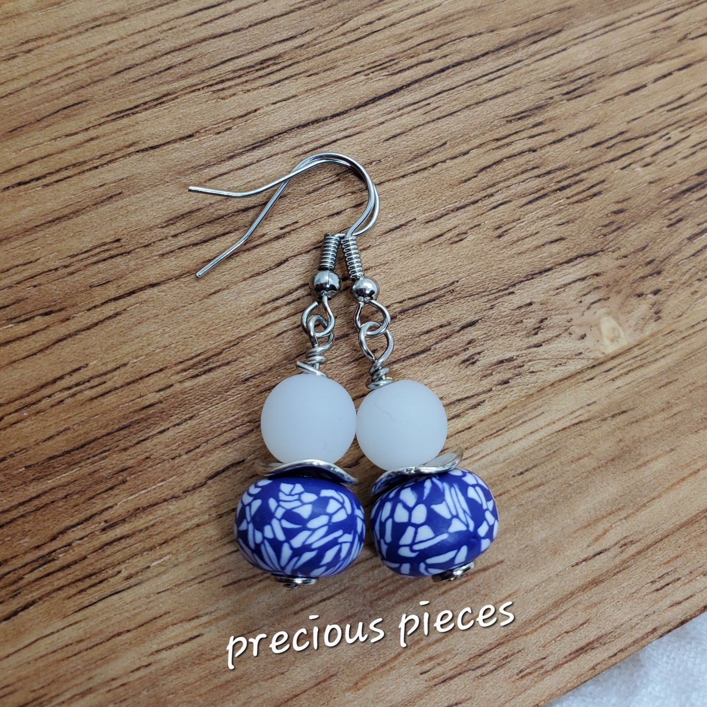 Blue and White Clay Beaded Earrings