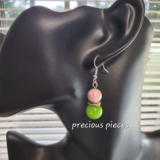 Pink and Green Beaded Earrings