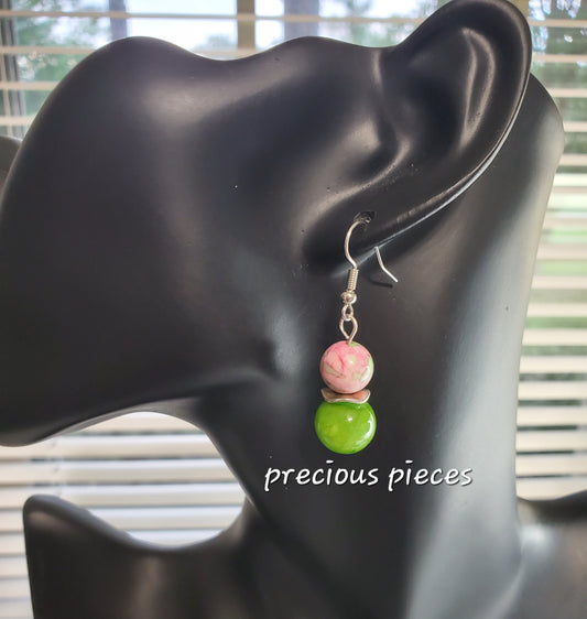 Pink and Green Beaded Earrings