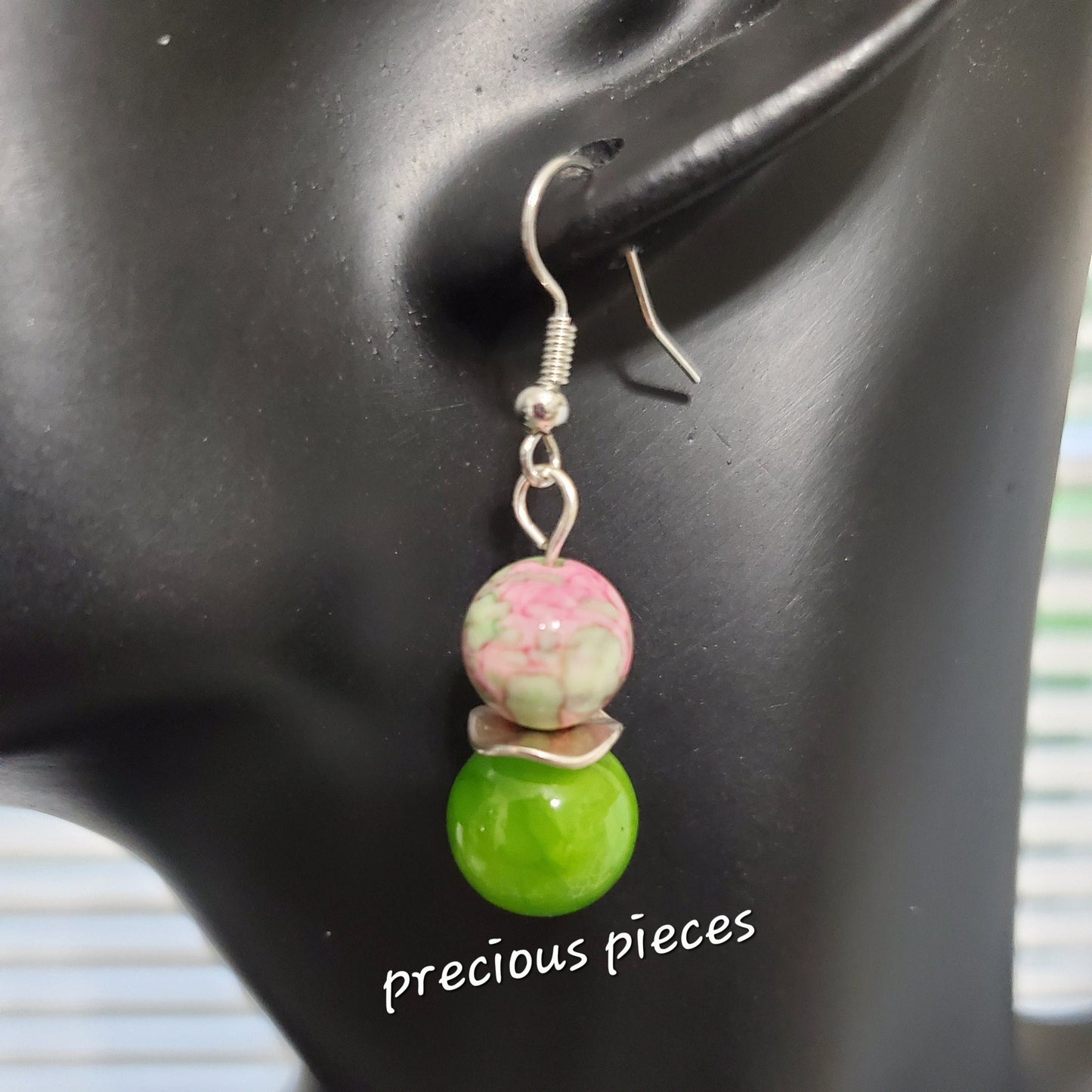 Pink and Green Beaded Earrings