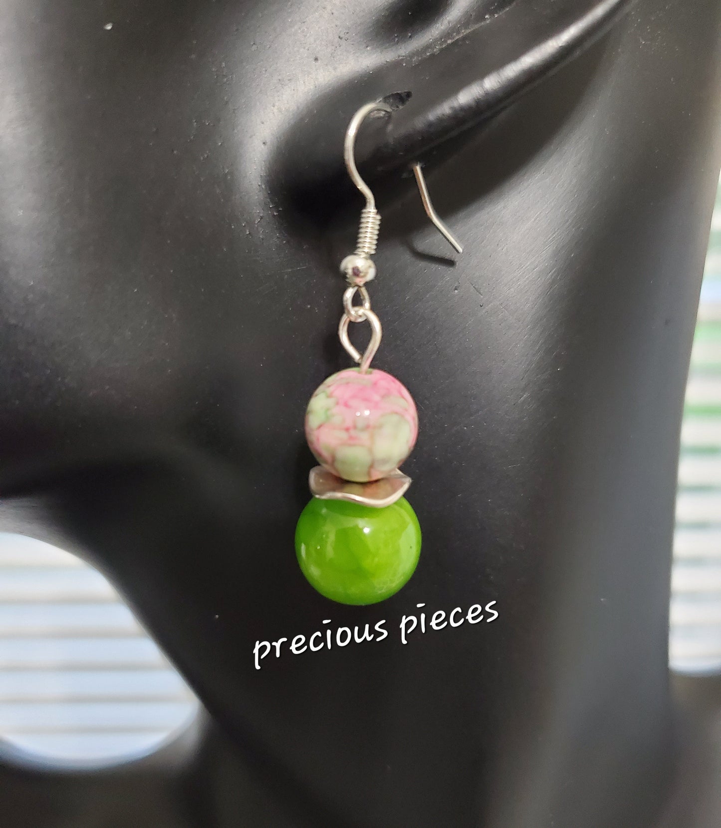 Pink and Green Beaded Earrings