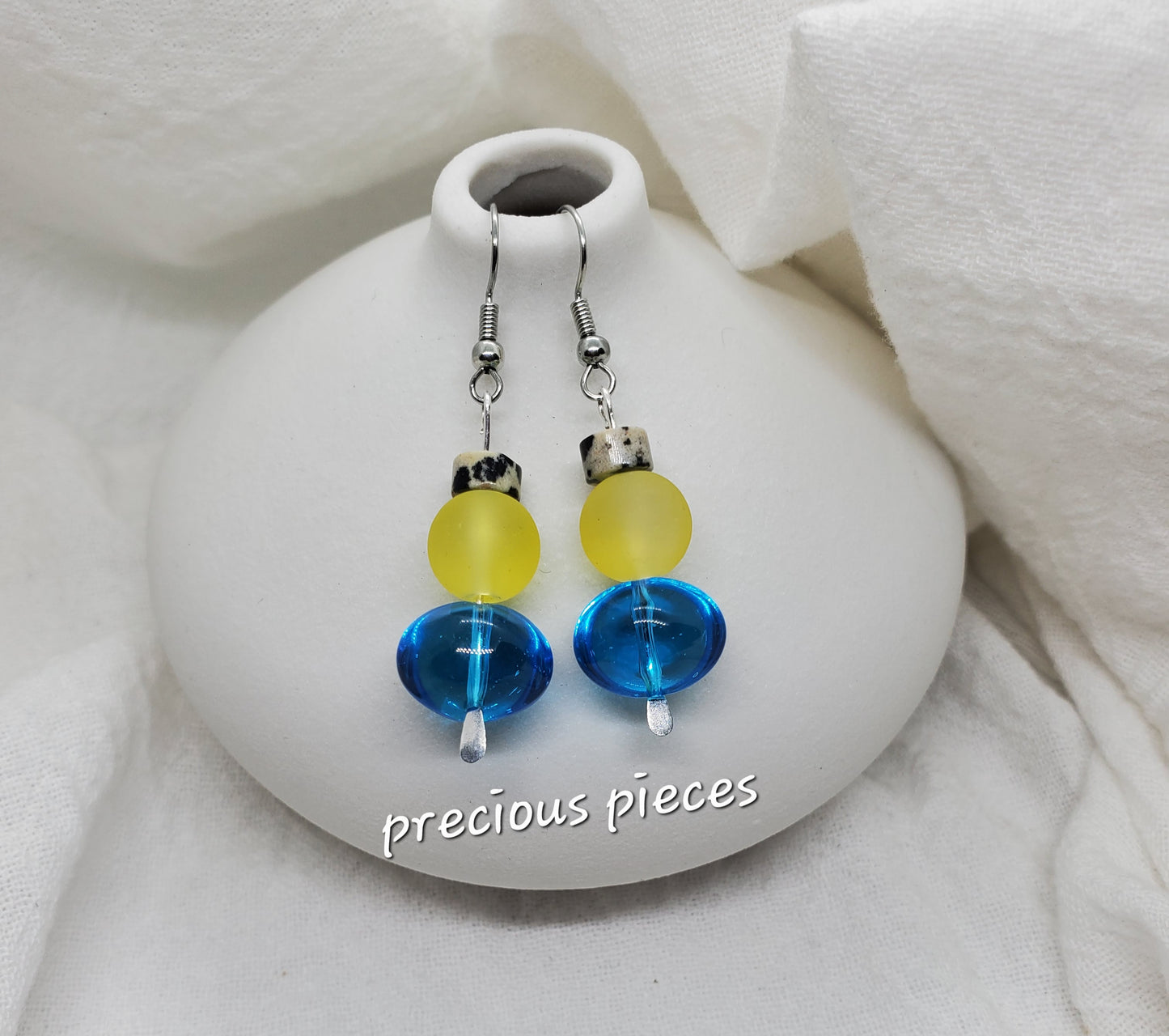 Turquoise and Yellow Glass Beaded Earrings