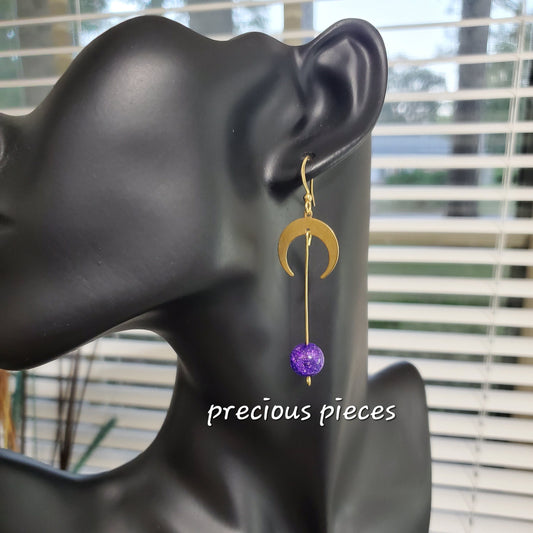 Brass Moon and Purple Crackled Quartzite Beaded Earrings