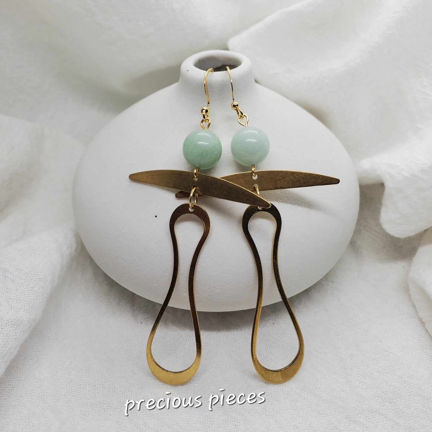 Brass Swirly Earrings with Amazonite Accent Beads