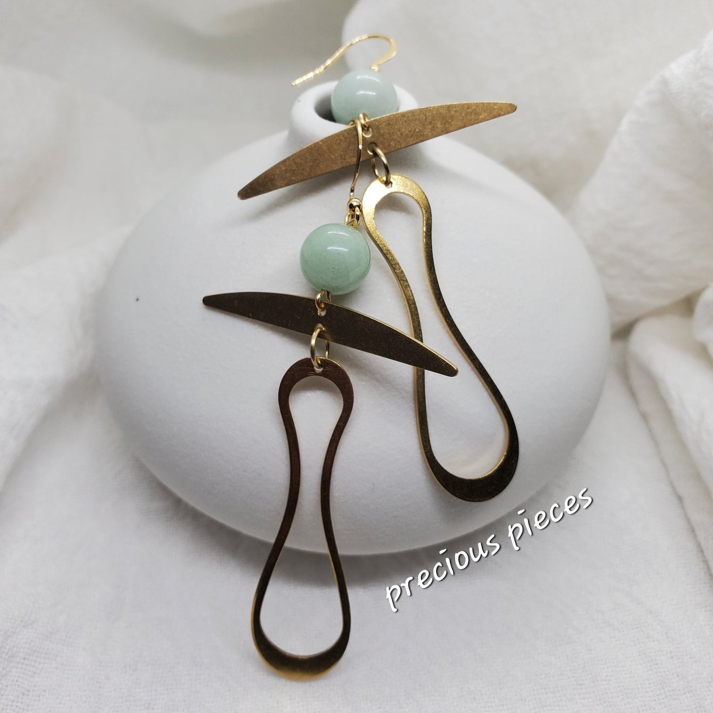 Brass Swirly Earrings with Amazonite Accent Beads