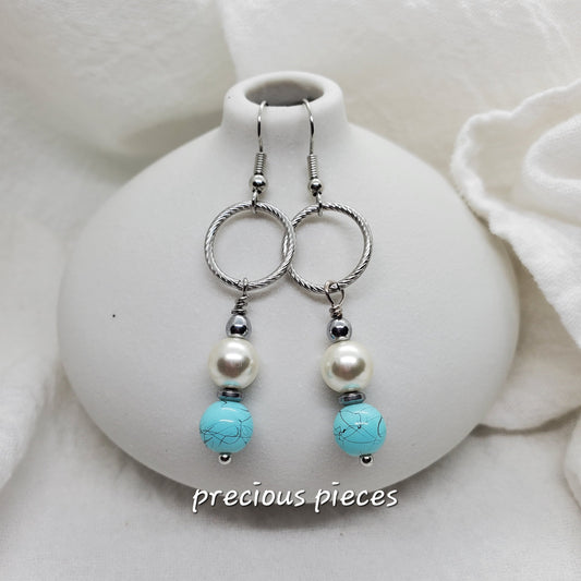 Splatter and Pearl Beaded Dangle Earrings