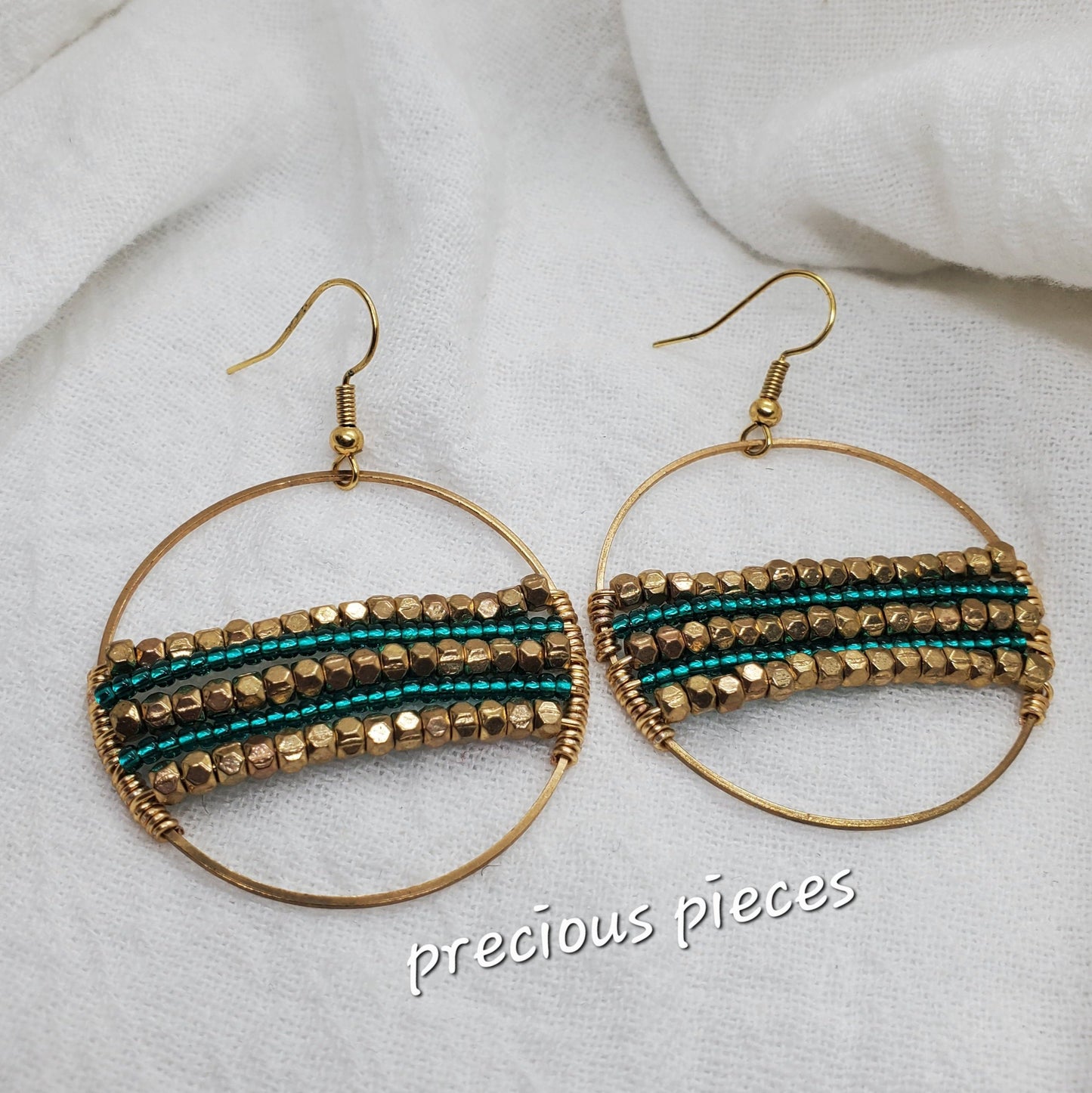 Green and Gold Beaded Hoop Earrings