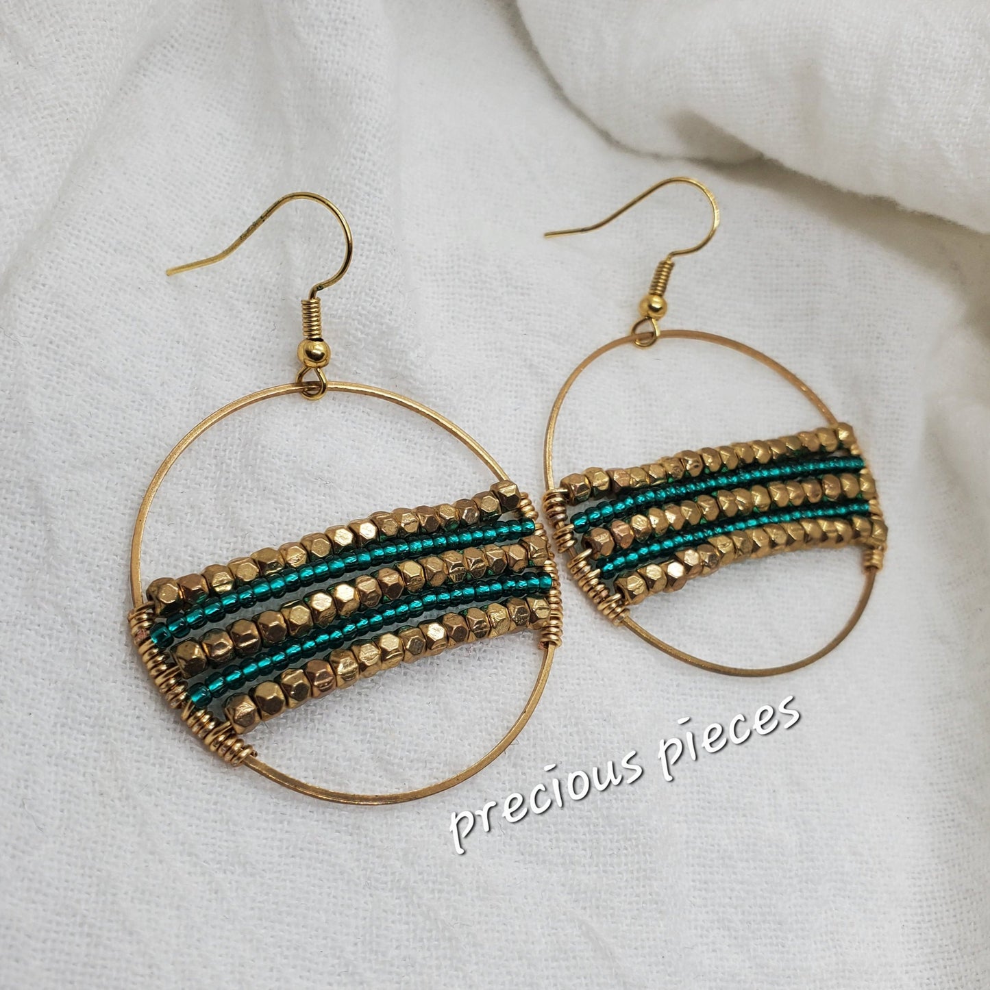 Green and Gold Beaded Hoop Earrings