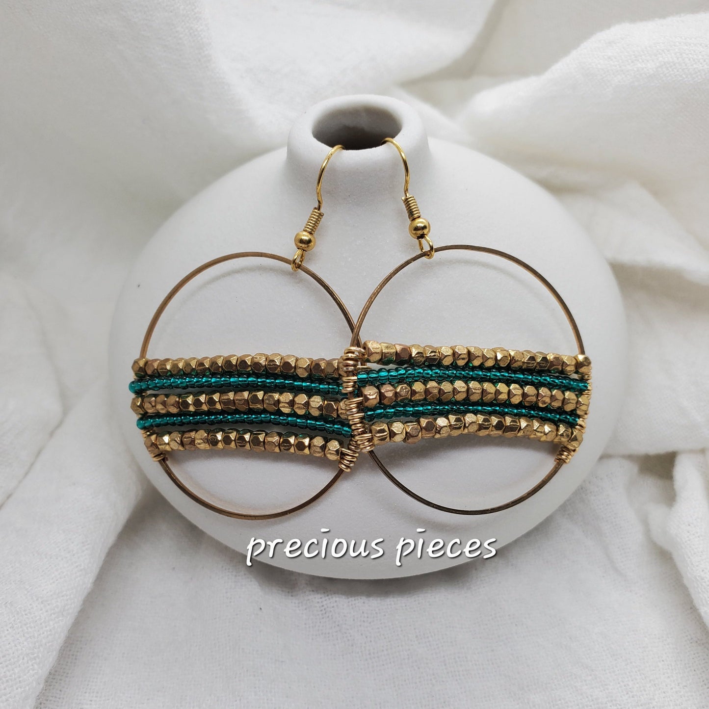 Green and Gold Beaded Hoop Earrings