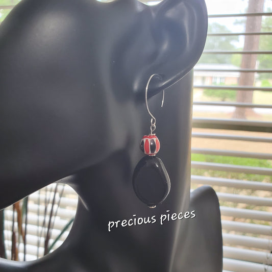 Red, Black, and White Beaded Dangle Earrings