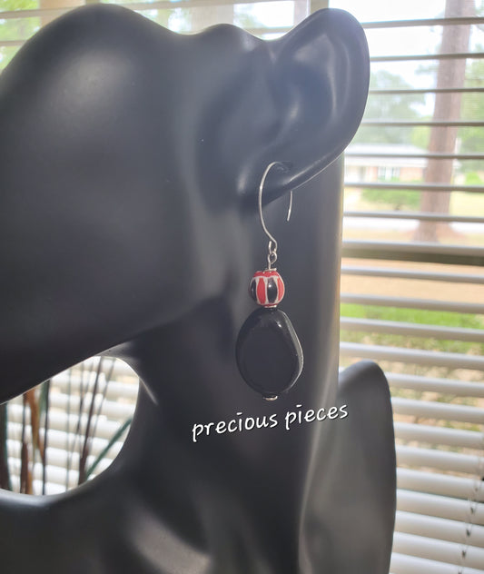 Red, Black, and White Beaded Dangle Earrings