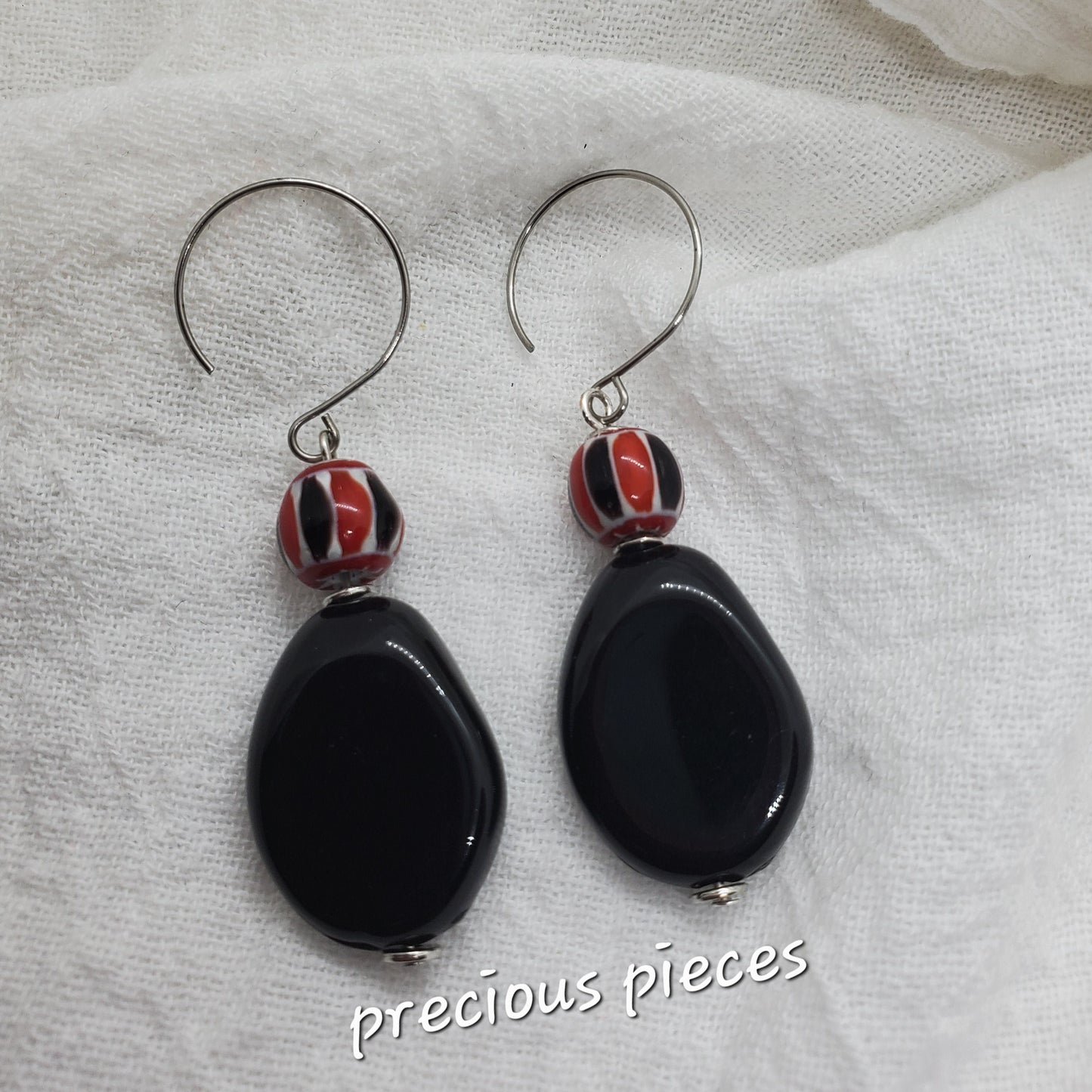 Red, Black, and White Beaded Dangle Earrings
