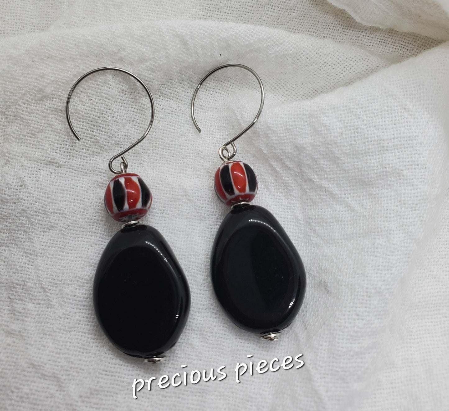 Red, Black, and White Beaded Dangle Earrings