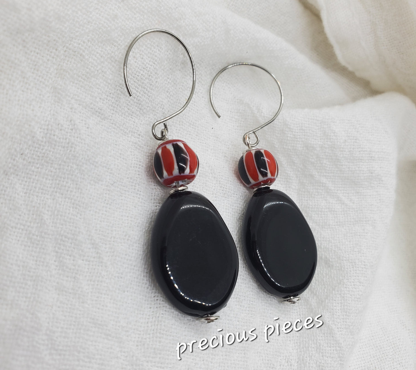 Red, Black, and White Beaded Dangle Earrings