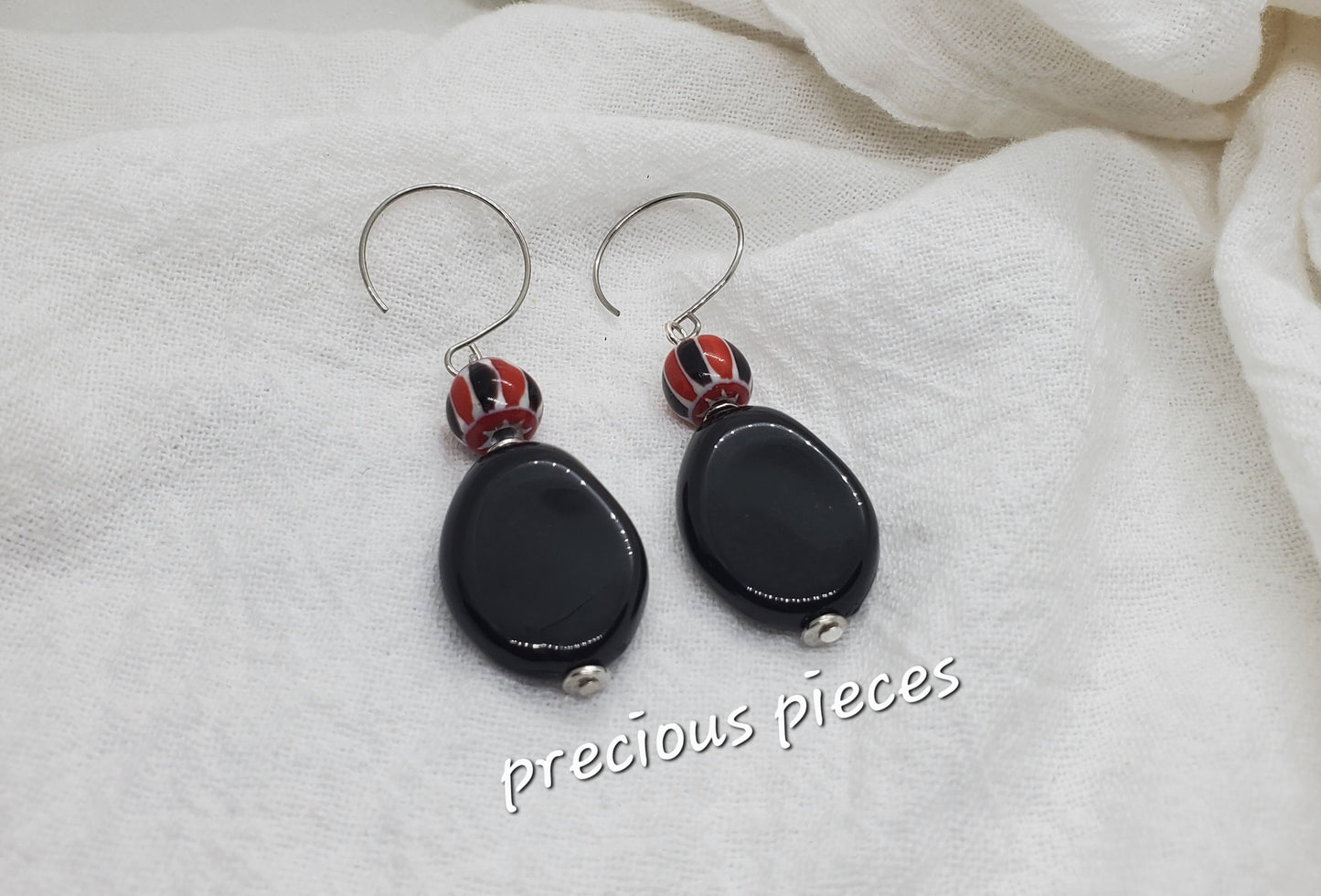 Red, Black, and White Beaded Dangle Earrings