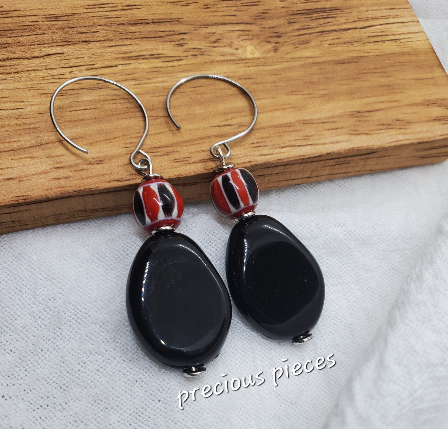 Red, Black, and White Beaded Dangle Earrings